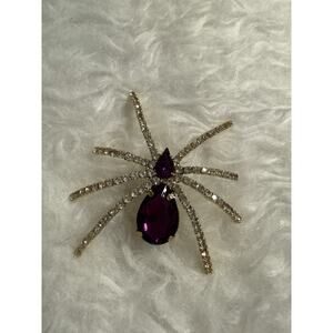 Large Vintage Spider Brooch Purple And Clear Rhinestones